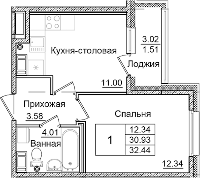 1-комнатная квартира 32.44 м², 9/9 эт., ЖК «Квартал Заречье»